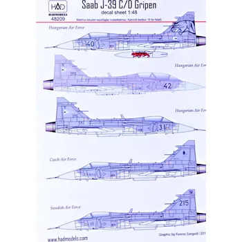 Plastikový model HAD models 1/48 Decal SAAB J-39 C/D Gripen (3x HU, CZ, SE)