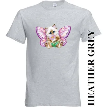 Dívčí tričko detske-levne-bavlnene-tricko-potisk-kote-motylek Barva: Heather grey - vřesově šedá, velikost: 140