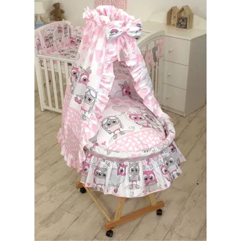 Dětská postýlka Svět pokojů Proutěný košík na miminko s kompletním vybavením přírodní - sovičky růžové