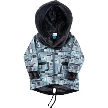 Kojenecká bunda modro-černý softshellový kabátek s kapucí a šálou