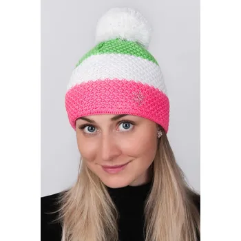Čepice R-JET Dámská zimní pletená čepice s pruhy růžová-bílá-zelená a s bambulí