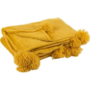 Přehoz na lůžko Plyšový pléd s bambulkami v okrové barvě Pompom - 130*170*1 cm