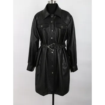 Dámský kabát Texturovaný kožený kabát s páskem - Černý S Barva: Černá, Velikost: S