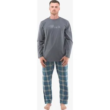 Pánské pyžamo GINA pánské pyžamo dlouhé pánské, šité, s potiskem Pyžama 2022 79133P tm. šedá petrolejová L