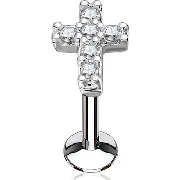 Piercing Šperky4U Piercing do brady křížek 1,2 x 8 mm, čiré zirkony - LB0027C-1208