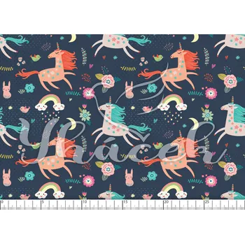 Zakázkový tisk, softshell, kočárkovina... Pohádkový jednorožec na navy Látky k tisku: Softshell letní