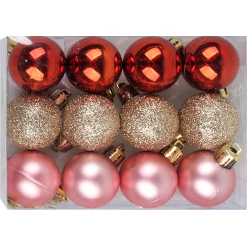 Vánoce Baňky plastové 12 ks zlaté, růžové, fialové á 3 cm