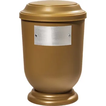 Smuteční dekorace Pohřební Plastová urna na popel, oválné prohlé víčko, zlatá, štítek č. 52, 100 x 50, bez výzdoby