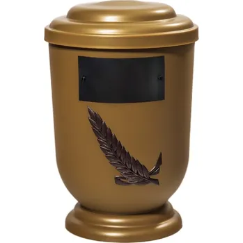 Smuteční dekorace Pohřební Plastová urna na popel, oválné oblé víčko, zlatá, štítek č. 51, 100 x 50, hnědá snítka