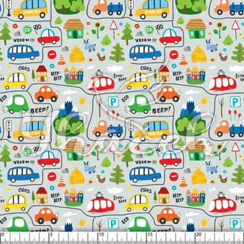 Zakázkový tisk, softshell, kočárkovina... Auta a zvířátka na šedé Látky k tisku: Softshell letní