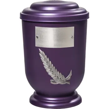 Smuteční dekorace Pohřební Plastová urna na popel, oválné oblé víčko, fialová, štítek č. 52, 100 x 50, stříbrná snítka
