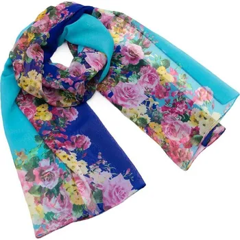 Šála Šála vzdušná - modro-tyrkysová s květy