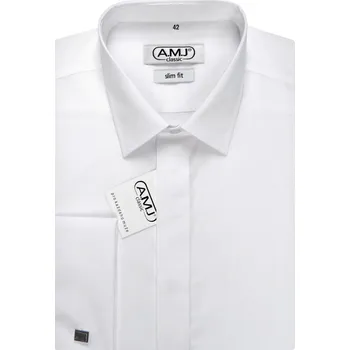 Pánská košile Společenská košile AMJ Slim fit s dvojitou manžetou - bílá JDAMK velikost: 40, délka rukávu: dlouhý rukáv