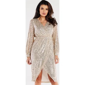 Dámské šaty Flitrové zavinovací šaty se širším rukávem A565 Barva: Béžová, Velikost: S