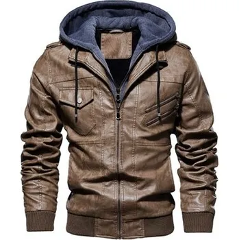 Moto bunda Kožení pánská bunda s kapsami a odnímatelnou kapucí Barva: Khaki, Velikost: 3XL