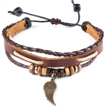 Náramek B-TOP Pánský vícevrstvý kožený náramek Křídlo - zlatá/ hnědá