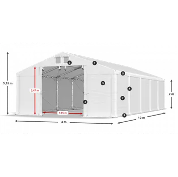 Zahradní stan Skladový stan 4x10x2m střecha PVC 620g/m2 boky PVC 620g/m2 konstrukce POLÁRNÍ PLUS Bílá Bílá Bílá