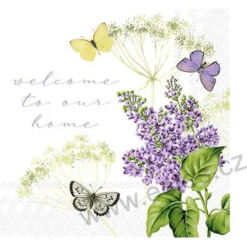 Papírový ubrousek IHR FIONA papírový dekorační ubrousek na découpage fialový šeřík a barevní motýlci