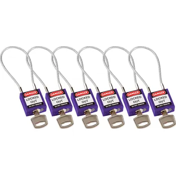 Visací zámek Nylonové zámky s 200mm ocelovým lankem, fialová, 6 ks