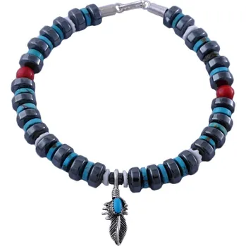 Souprava šperků Vorlové Šperky, náramek hematit, tyrkys, korál, K044 (Pírko s tyrkysem)