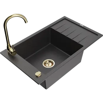 Granitový dřez Mexen Elias černý + baterie Telma zlatá