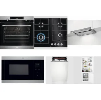 Set domácích spotřebičů AEG Mastery SteamBake BCK455350M + AEG Mastery SpeedBurner HKB64420NB + AEG DPE5660M + AEG Mastery MSB2547D-M + AEG Mastery MaxiFlex FSE73507P + AEG Mastery NoFrost SCB618F6TS