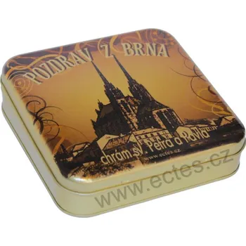 Dóza na potraviny BRNO PETROV Čokoládový pozdrav zlatá plechová dóza 7414/40 katedrála sv. Petra a Pavla