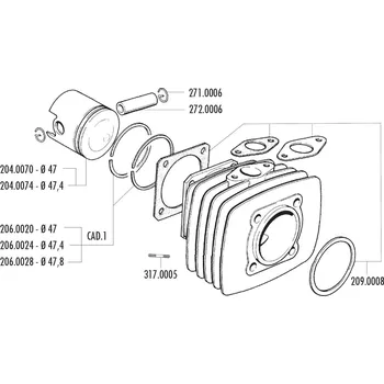 Válec motoru Pístní sada Polini sport 70ccm 47mm, Fantic Motor Issimo 50, Minarelli V1 204.0070