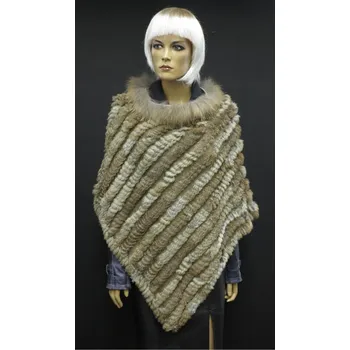 Dámské pončo Špongr Kožešinové pončo z králíka Eva přírodní hnědá + výstřih lemovaný mývalovcem Velikost: L - XL