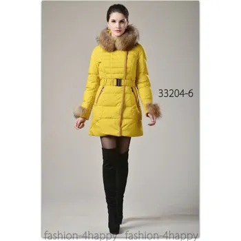 Luxusní péřový kabát bunda PARKA dlouhá s kapucí 33204-6 žlutá XS / 34