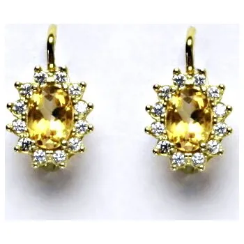 Drahý kámen Zlaté náušnice Kate, žluté i bílé zlato, přírodní citrín pálený, čiré zirkony, NK 1480