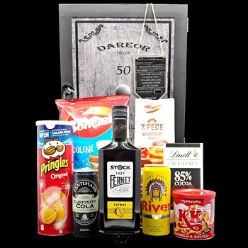 Dárkový potravinový koš TREZOR – dárková bedna s potiskem (obsah: Fernet Stock Citrus a dobroty)
