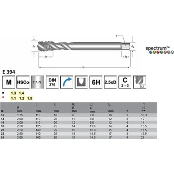Závitořezný nástroj Strojní závitník, šroubovice 45° M12 E394 6H HSSCoXP TiAIN,DIN376 DORMER