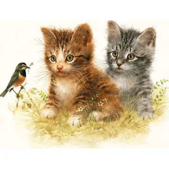 Ubrousky Koťátka a ptáček, 33 x 33 cm (Papírové ubrousky s kočkou, kočka)