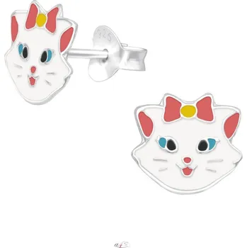 Náušnice Stříbrné puzetové náušnice Kotě s mašlí (Náušnice s kočkou, Šperkovní stříbro 925)