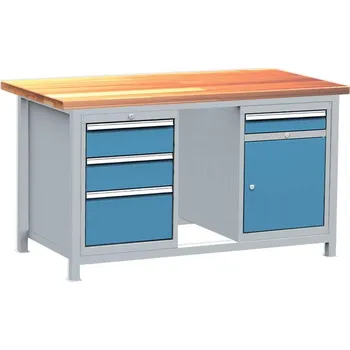 Dílenský stůl Dílenský svařovaný stůl, 1 x skříňka, 4 x zásuvka, deska z bukové spárovky 1500x750 mm