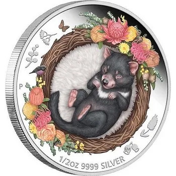 SNĚNÍ U PROTINOŽCŮ TASMÁNSKÝ ČERT coin Dreaming Down Under Tasmanian Devil - 1/2 oz stříbrná mince