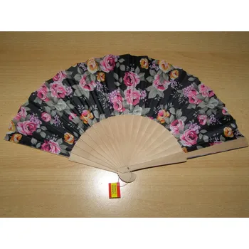 Karnevalový doplněk Vějíř z nelakovaného dřeva a textilu - květinový - v9