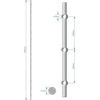 Probíjená tyč délky 2000 mm, opískovaná, profil ø14 mm, rozteč děr 140 mm, oko ø15 mm, na tyči je 14 děr