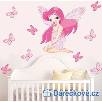 Samolepící dekorace Růžová víla s motýlky, samolepka na zeď