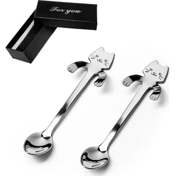 Žertovný předmět Nerezové lžičky 2ks v dárkové krabičce - KOČKA na hrnku