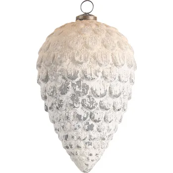 Vánoční dekorace Bílá vánoční ozdoba v tvaru šišky s patinou a odřeninami XL - Ø 13* 20 cm