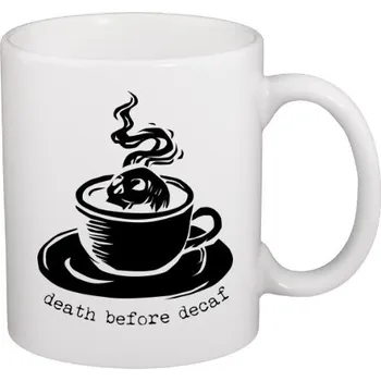 Hrnek malý bílý s potiskem Death before decaf