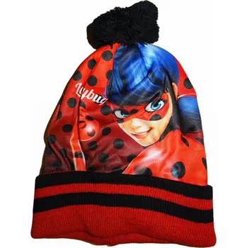 Čepice Dívčí zimní čepice s kouzelnou beruškou a černou bambulí 56