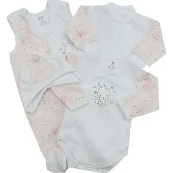 Kojenecká souprava Souprava do porodnice 4-dílná (body) bilá + růžová - vel. 50 zajíček