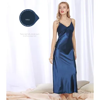 Dámská noční košile Dámská dlouhá saténová noční košilka na špagetová ramínka M-XXXL Barva: navy blue, Velikost: XXXL