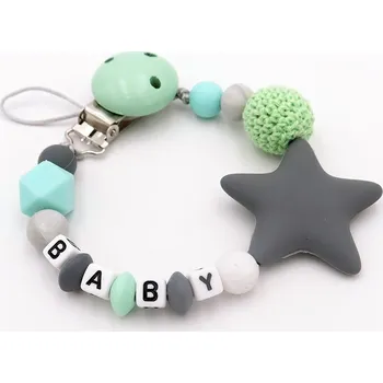 Řetízek na dudlík s hvězdou, z korálků s vlastním jménem Barva: světle zelená