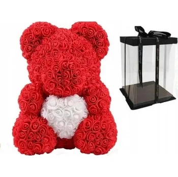 umělá květina Medvídek z růží a srdcem 40 cm růžový medvídek - bílé srdce