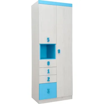 Šatní skříň Dvoudvéřová policová skříň O2V4F dub bílý/modrá NUMERO