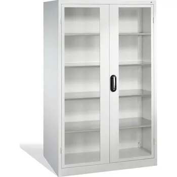 Skříňka na nářadí Dílenská skříň typ Cabo, 4 police, prosklená výplň dveří, Š 1200, H 600, V 1950 mm, šedá